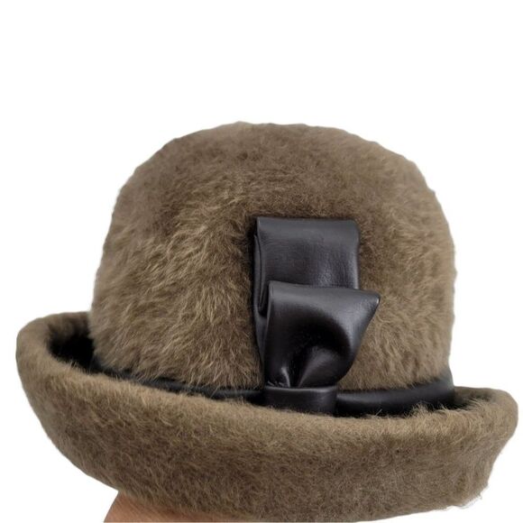 60's Mr. John Sophisticate Mystere Brown Fuzzy Cloche Hat Faux Leather Bow - Picture 10 of 15